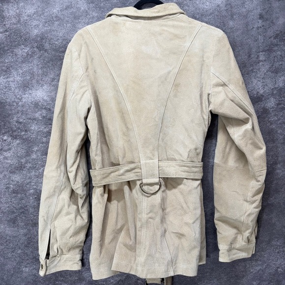 Y2K Neutral Zone Suede Leather Jacket Womens M Tie Belt Beige Utility Neutral - Picture 4 of 16